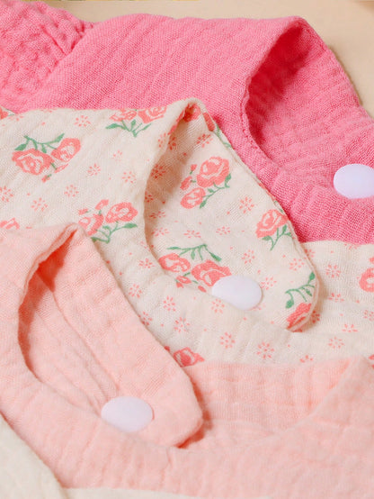 3/4pcs Baby Rose & Tulip Print Bibs With Ruffle Trim, Solid Color Soft Drool Bibs