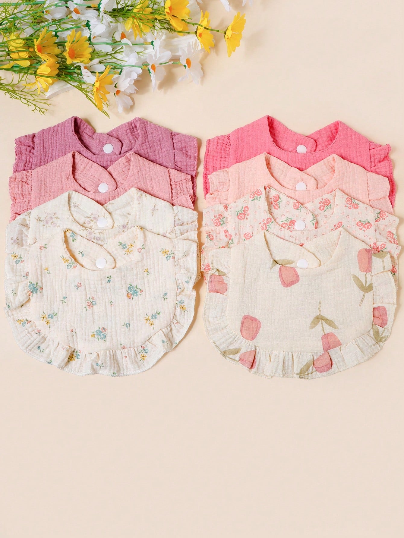 3/4pcs Baby Rose & Tulip Print Bibs With Ruffle Trim, Solid Color Soft Drool Bibs