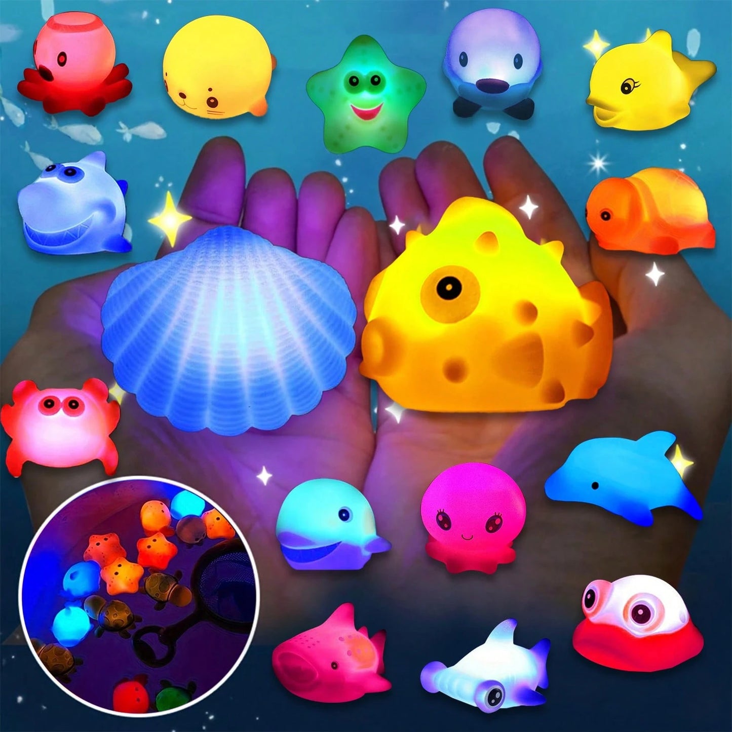 3/5/7/11pcs Glitter Colorful Bath Toys- No Hole Fishing Light Up Bathtub Floating Water Toys For Bathroom Water Tub Games Pool Party