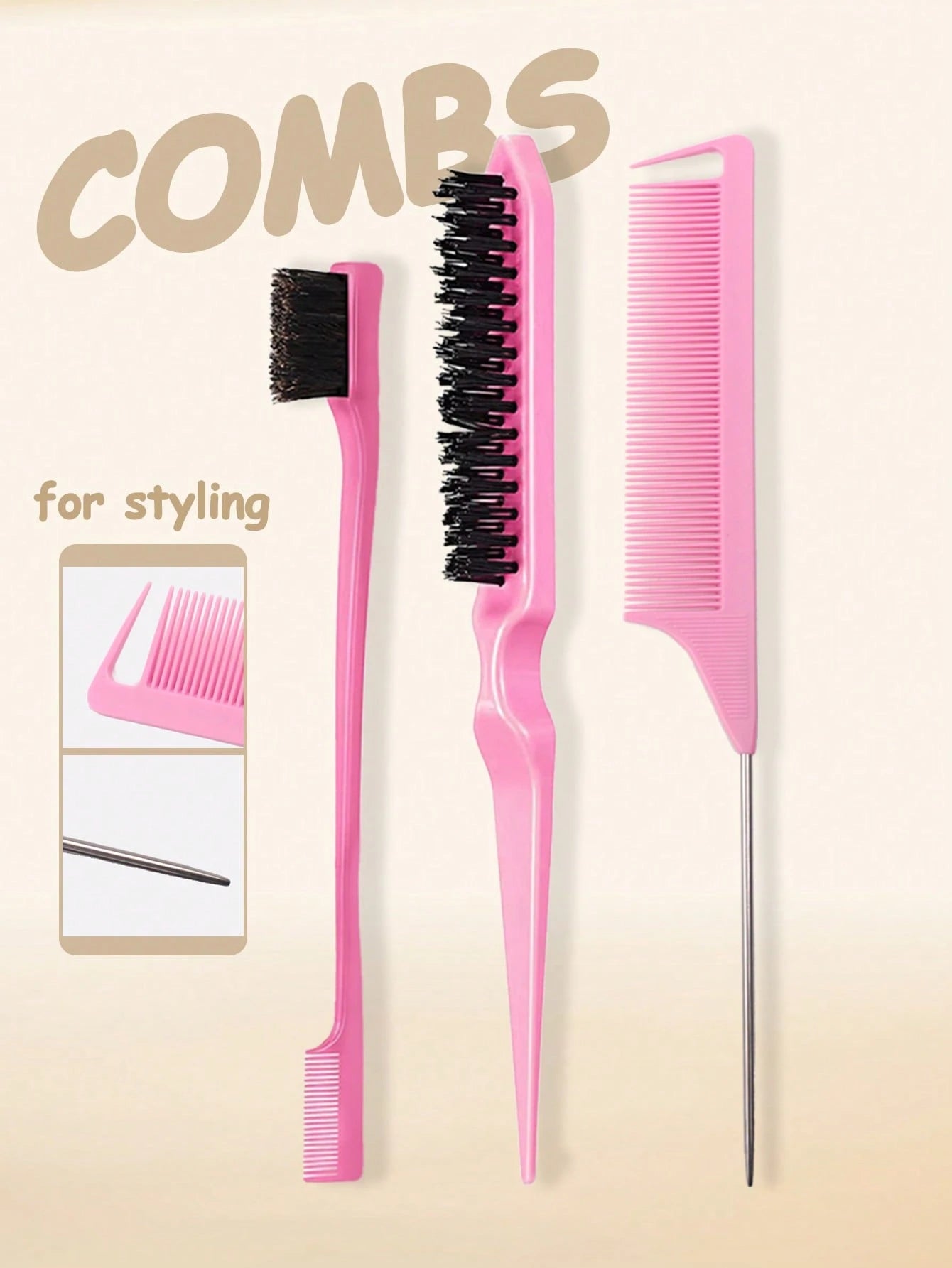 3/5pcs Hair Styling Brush Set, Including Volumizing Comb, Pointed Tail Comb, Edge Comb, Suitable For Hairline And Nape Styling, Creating Smooth Hairstyles, Suitable For Women. The Set Includes Various