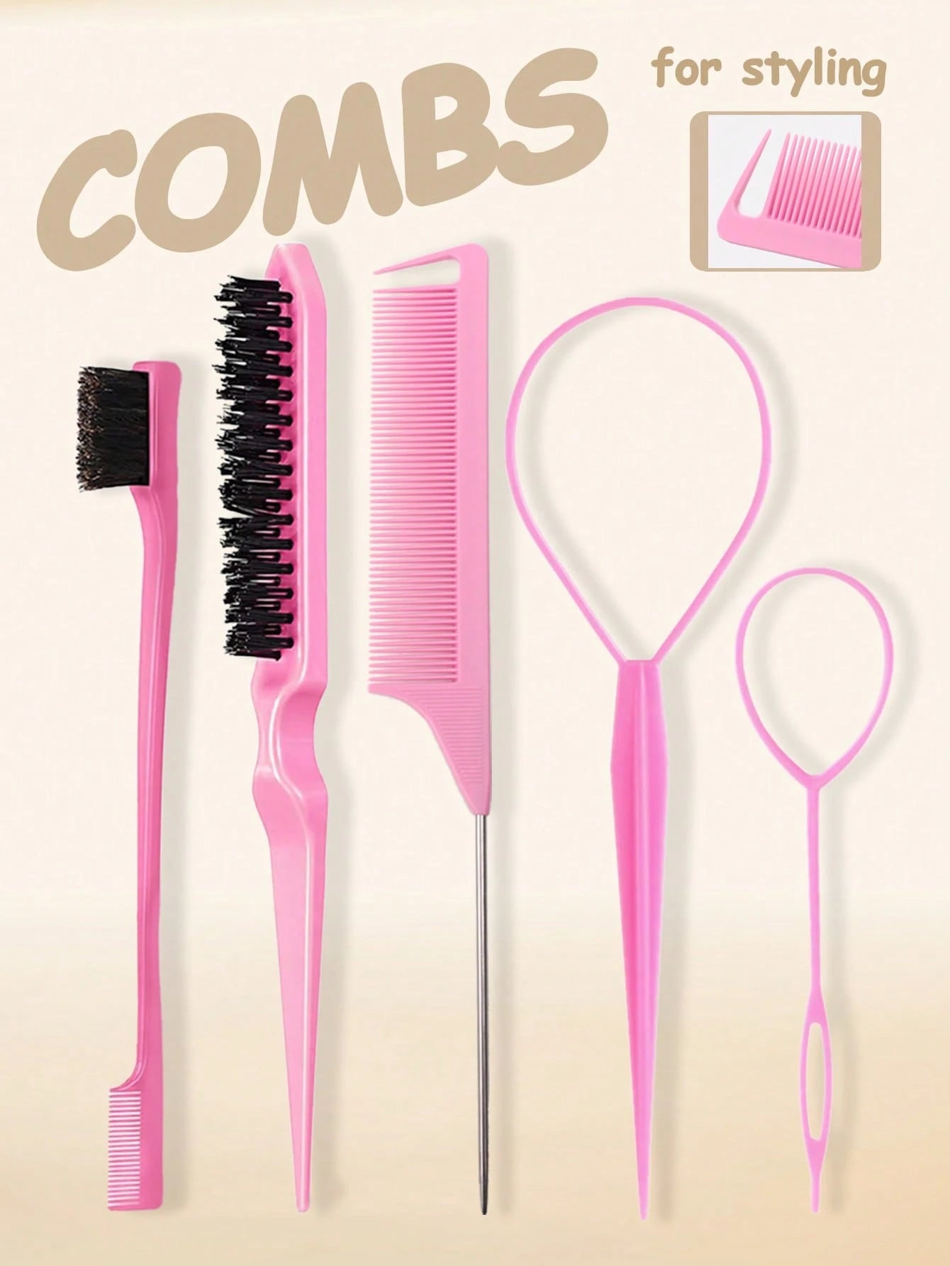 3/5pcs Hair Styling Brush Set, Including Volumizing Comb, Pointed Tail Comb, Edge Comb, Suitable For Hairline And Nape Styling, Creating Smooth Hairstyles, Suitable For Women. The Set Includes Various