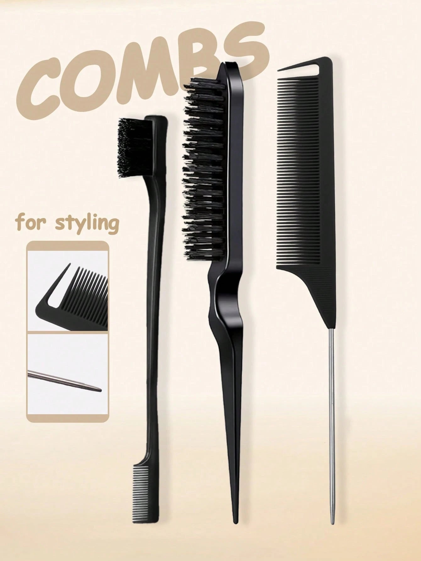 3/5pcs Hair Styling Brush Set, Including Volumizing Comb, Pointed Tail Comb, Edge Comb, Suitable For Hairline And Nape Styling, Creating Smooth Hairstyles, Suitable For Women. The Set Includes Various