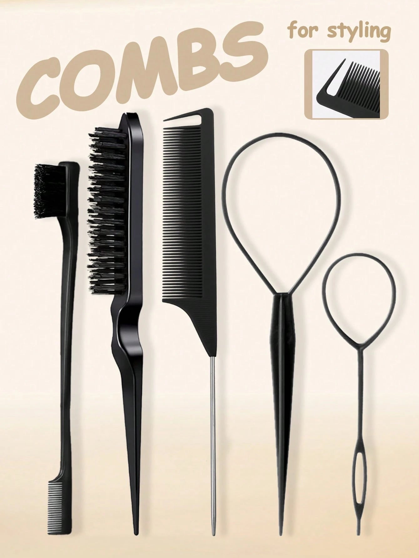 3/5pcs Hair Styling Brush Set, Including Volumizing Comb, Pointed Tail Comb, Edge Comb, Suitable For Hairline And Nape Styling, Creating Smooth Hairstyles, Suitable For Women. The Set Includes Various