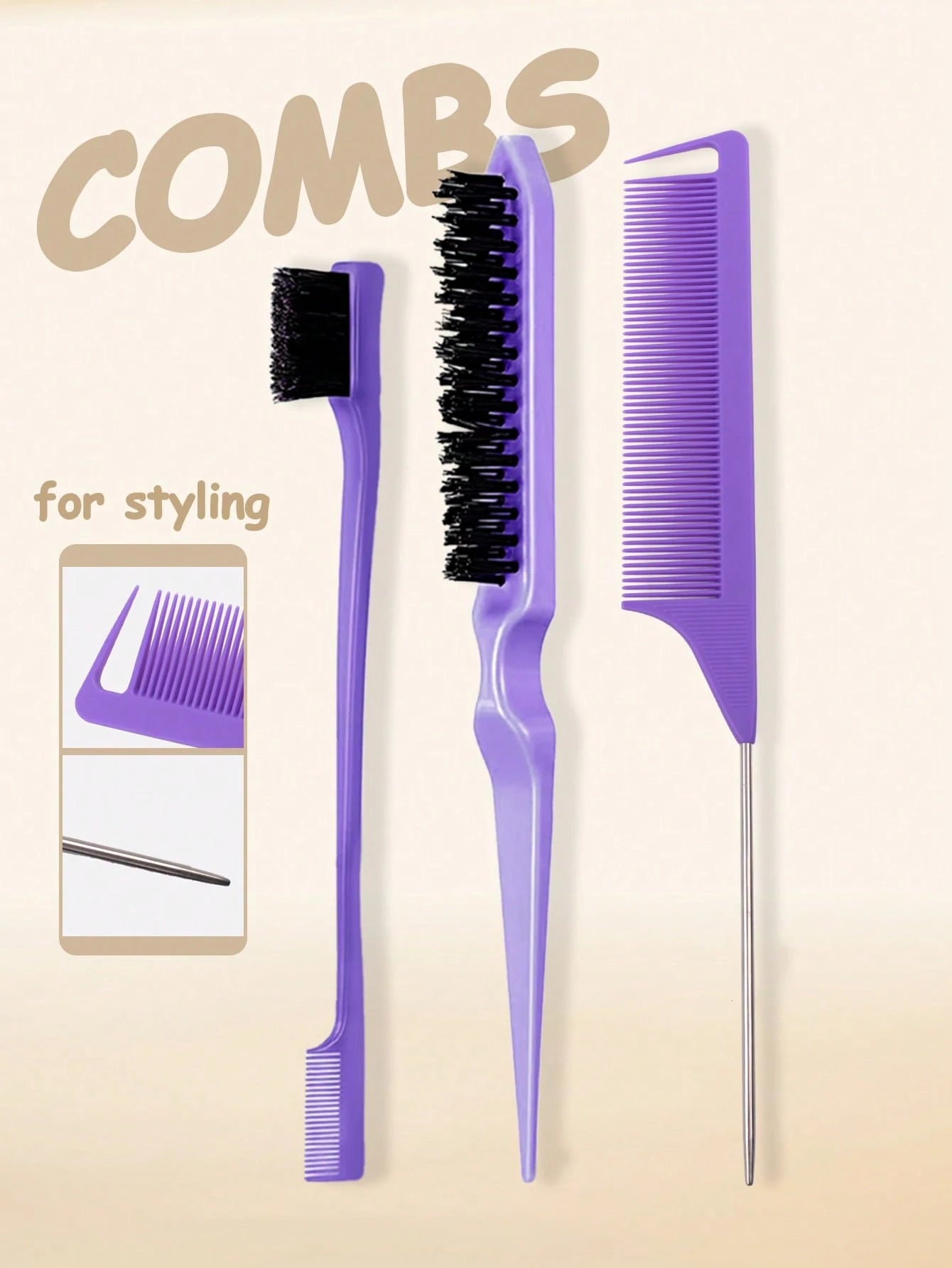 3/5pcs Hair Styling Brush Set, Including Volumizing Comb, Pointed Tail Comb, Edge Comb, Suitable For Hairline And Nape Styling, Creating Smooth Hairstyles, Suitable For Women. The Set Includes Various