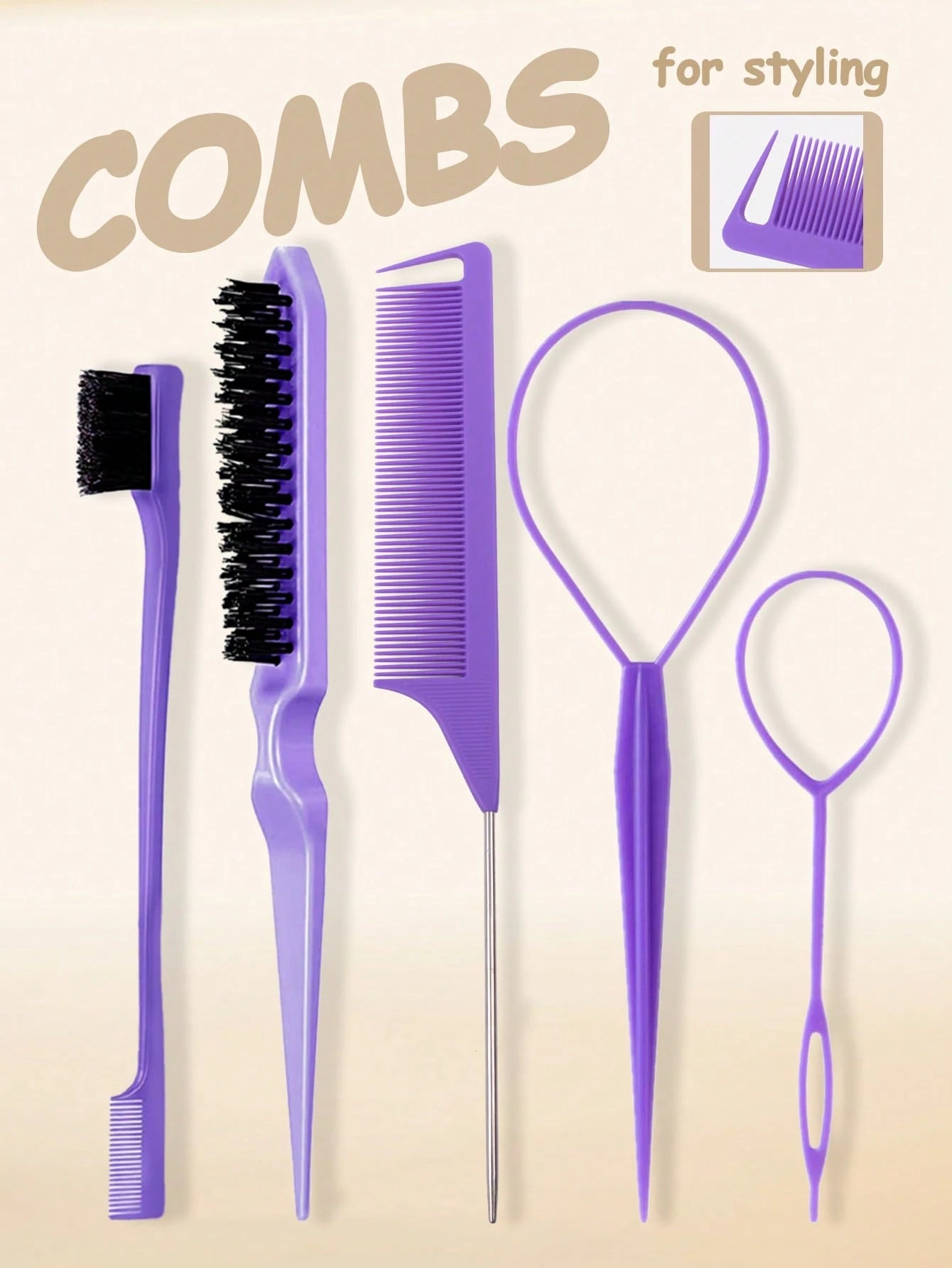 3/5pcs Hair Styling Brush Set, Including Volumizing Comb, Pointed Tail Comb, Edge Comb, Suitable For Hairline And Nape Styling, Creating Smooth Hairstyles, Suitable For Women. The Set Includes Various