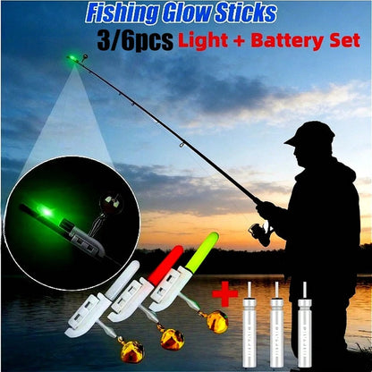 3/6Pcs +Battery Set Green Red FLash Electronic Fishing Rod Tip Light Rods Led Bells Light Rods Bite Alarms Tools CR425 (Batteries Included)