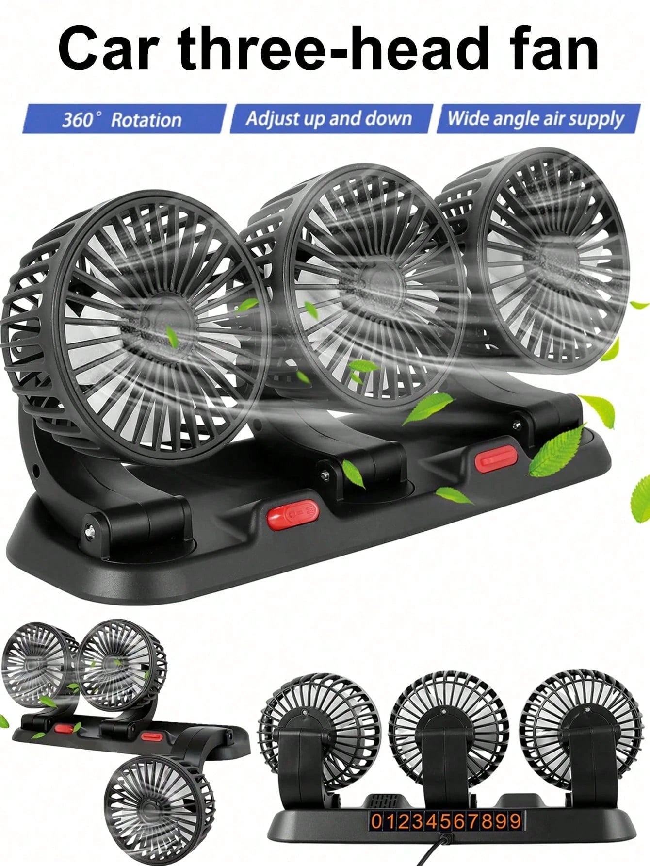 3-Head Car Electric Fan, 2-Speed Adjustable, Quiet, 360° Rotation, 5V USB Powered, Strong Airflow, Single Button Operation, Suitable For Car, SUV, RV, Boat