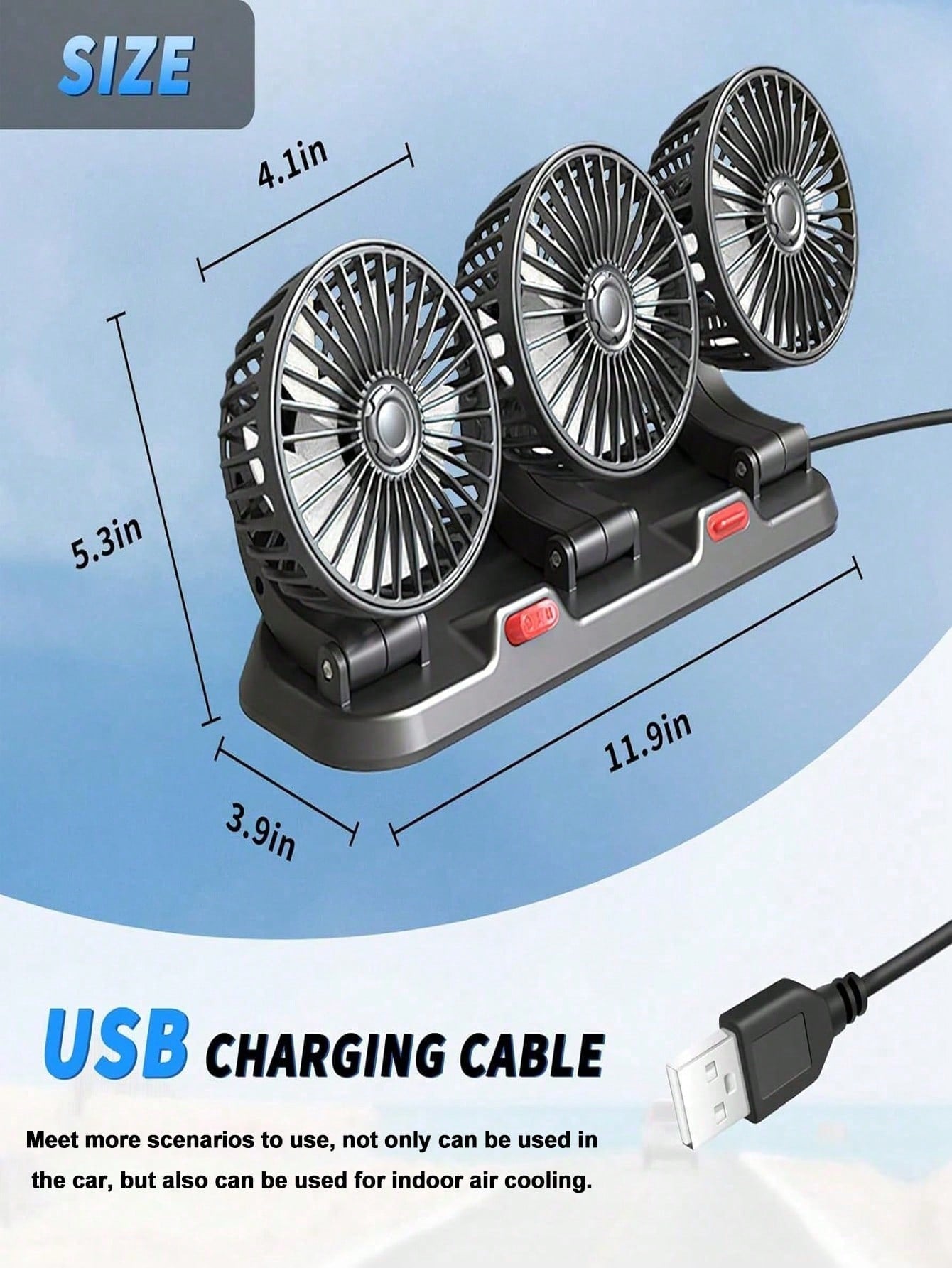 3-Head Car Electric Fan, 2-Speed Adjustable, Quiet, 360° Rotation, 5V USB Powered, Strong Airflow, Single Button Operation, Suitable For Car, SUV, RV, Boat