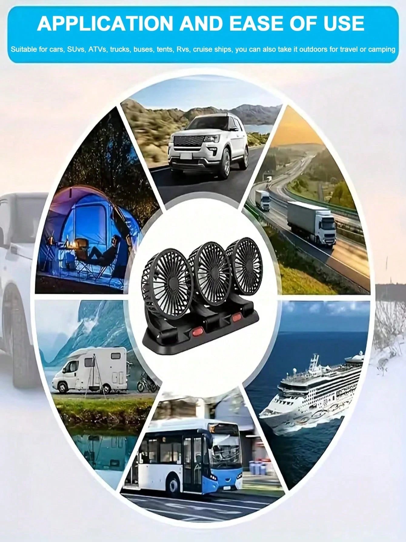 3-Head Car Electric Fan, 2-Speed Adjustable, Quiet, 360° Rotation, 5V USB Powered, Strong Airflow, Single Button Operation, Suitable For Car, SUV, RV, Boat
