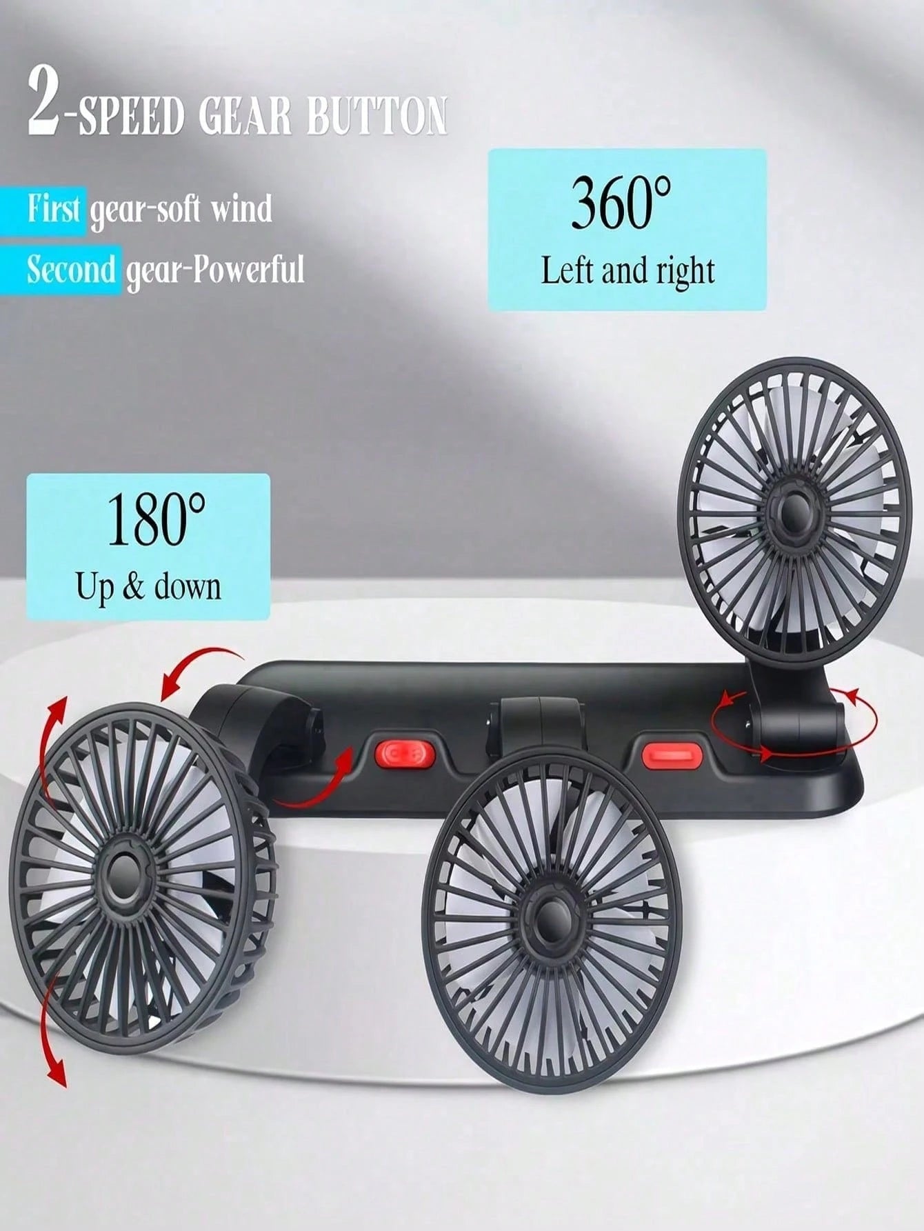 3-Head Car Electric Fan, 2-Speed Adjustable, Quiet, 360° Rotation, 5V USB Powered, Strong Airflow, Single Button Operation, Suitable For Car, SUV, RV, Boat