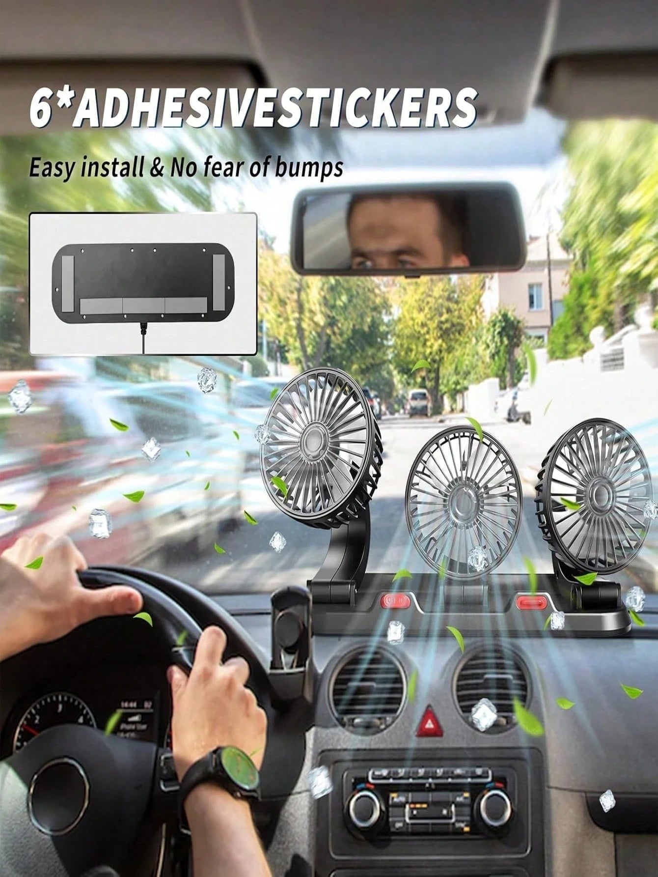 3-Head Car Electric Fan, 2-Speed Adjustable, Quiet, 360° Rotation, 5V USB Powered, Strong Airflow, Single Button Operation, Suitable For Car, SUV, RV, Boat