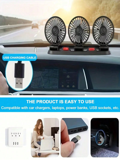 3-Head Car Electric Fan, 2-Speed Adjustable, Quiet, 360° Rotation, 5V USB Powered, Strong Airflow, Single Button Operation, Suitable For Car, SUV, RV, Boat