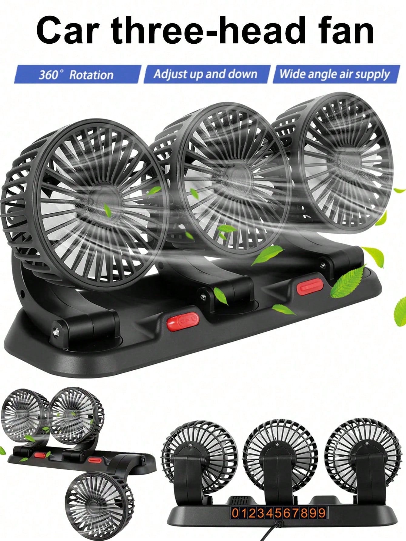 3-Head Car Electric Fan, 2-Speed Adjustable, Quiet, 360° Rotation, 5V USB Powered, Strong Airflow, Single Button Operation, Suitable For Car, SUV, RV, Boat