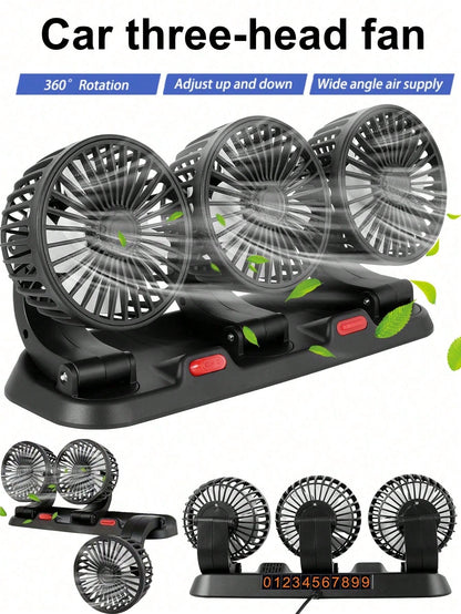 3-Head Car Electric Fan, 2-Speed Adjustable, Quiet, 360° Rotation, 5V USB Powered, Strong Airflow, Single Button Operation, Suitable For Car, SUV, RV, Boat