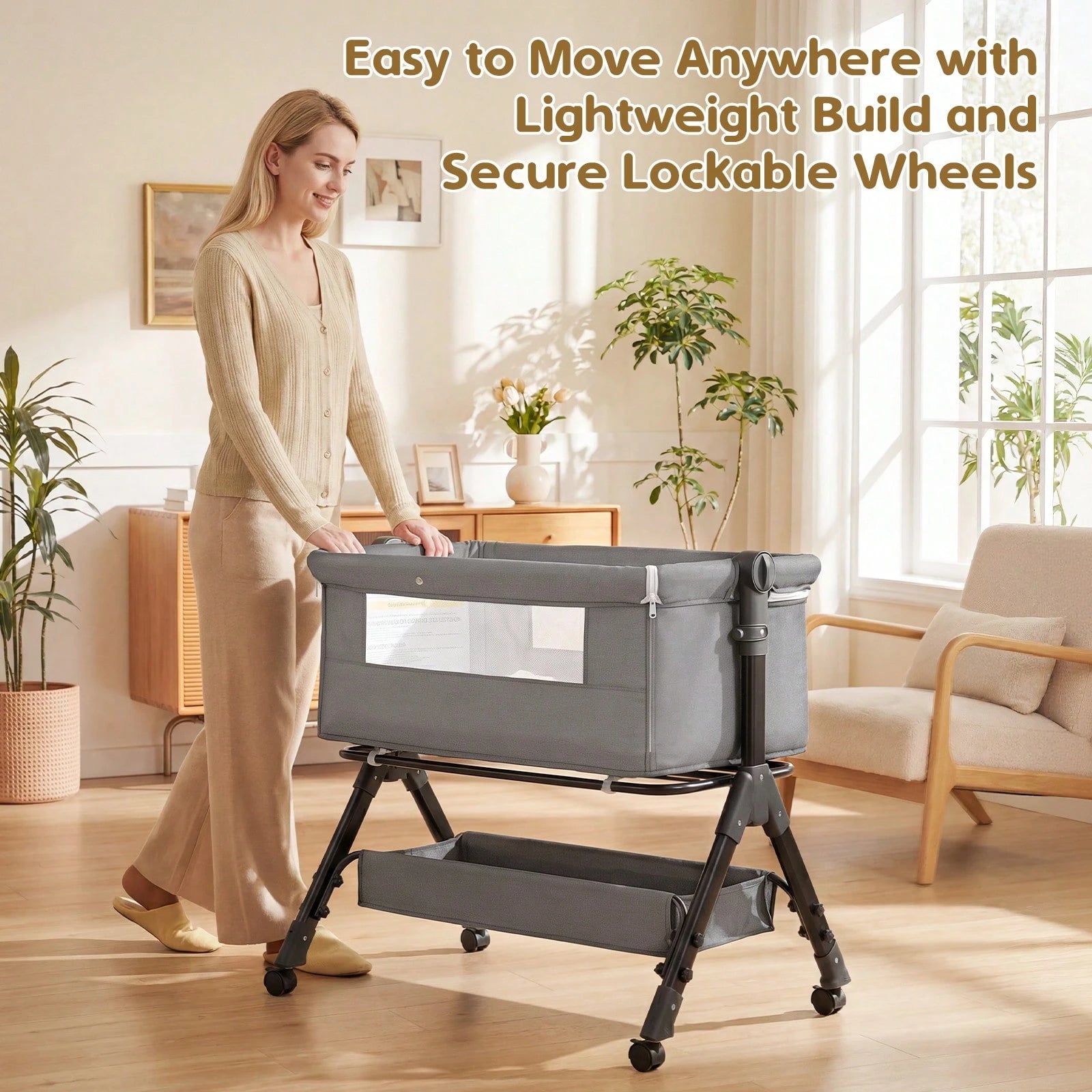 3-In-1 Baby Bassinet Bedside Sleeper, Convertible Baby Crib With Rocking Mode, Wheels And Adjustable Height, Foldable Bassinet With Breathable Mesh, Comfy Mattress, Storage Basket And Removable Mosqui