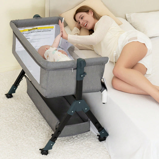 3-In-1 Baby Crib,Bedside Bassinet, Baby Bed With Storage Basket And Mosquito Net, Easy To Fold,6 Adjustable Height For Infant/Baby/Newborn, Baby Need