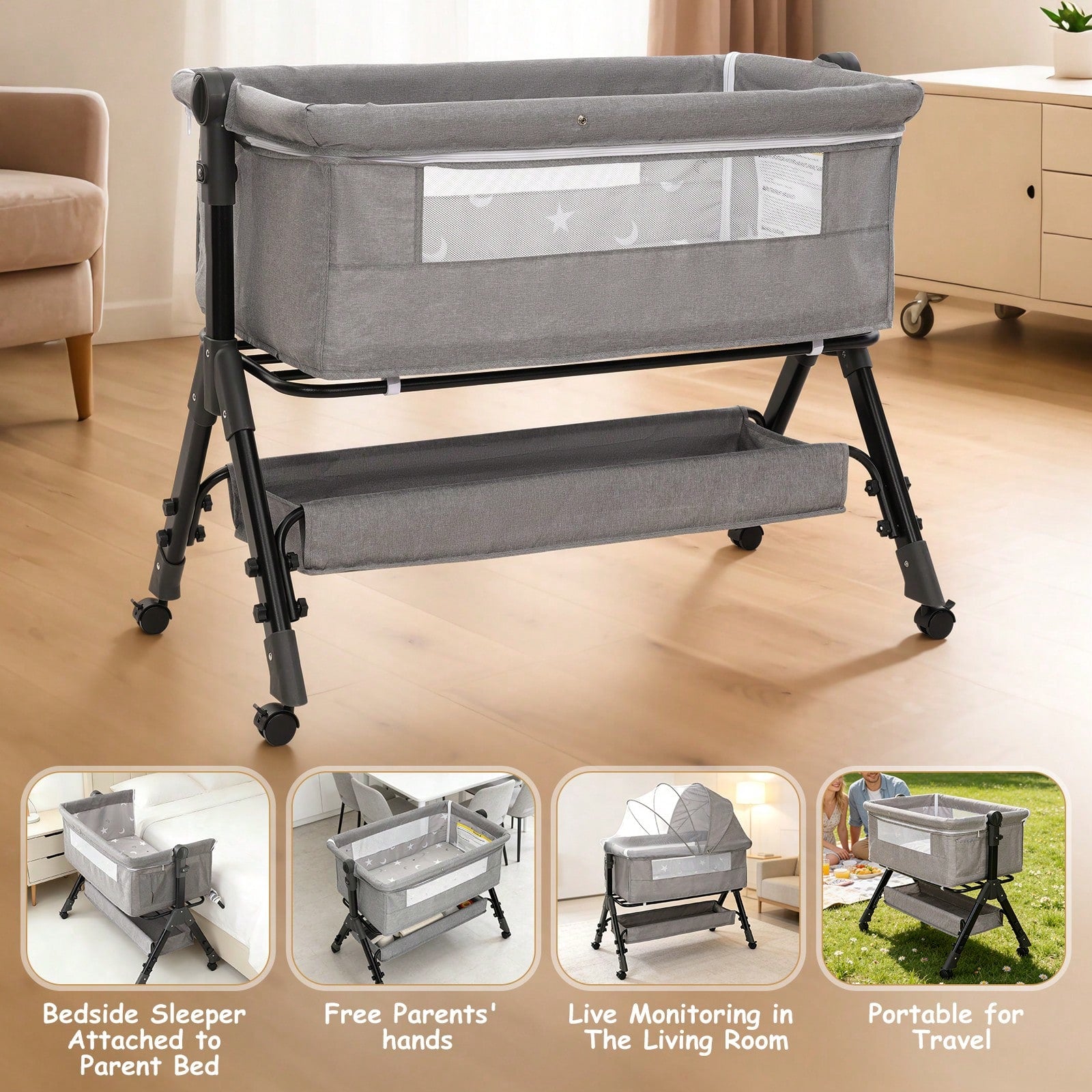 3-In-1 Baby Crib,Bedside Bassinet, Baby Bed With Storage Basket And Mosquito Net, Easy To Fold,6 Adjustable Height For Infant/Baby/Newborn, Baby Need
