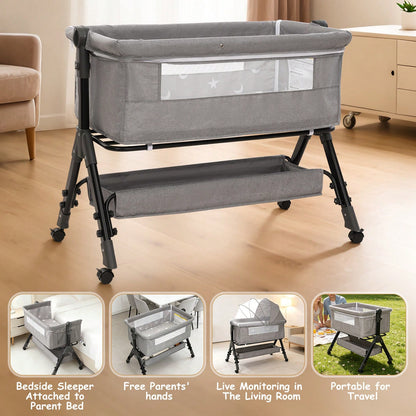 3-In-1 Baby Crib,Bedside Bassinet, Baby Bed With Storage Basket And Mosquito Net, Easy To Fold,6 Adjustable Height For Infant/Baby/Newborn, Baby Need