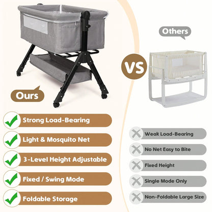 3-In-1 Baby Crib,Bedside Bassinet, Baby Bed With Storage Basket And Mosquito Net, Easy To Fold,6 Adjustable Height For Infant/Baby/Newborn, Baby Need