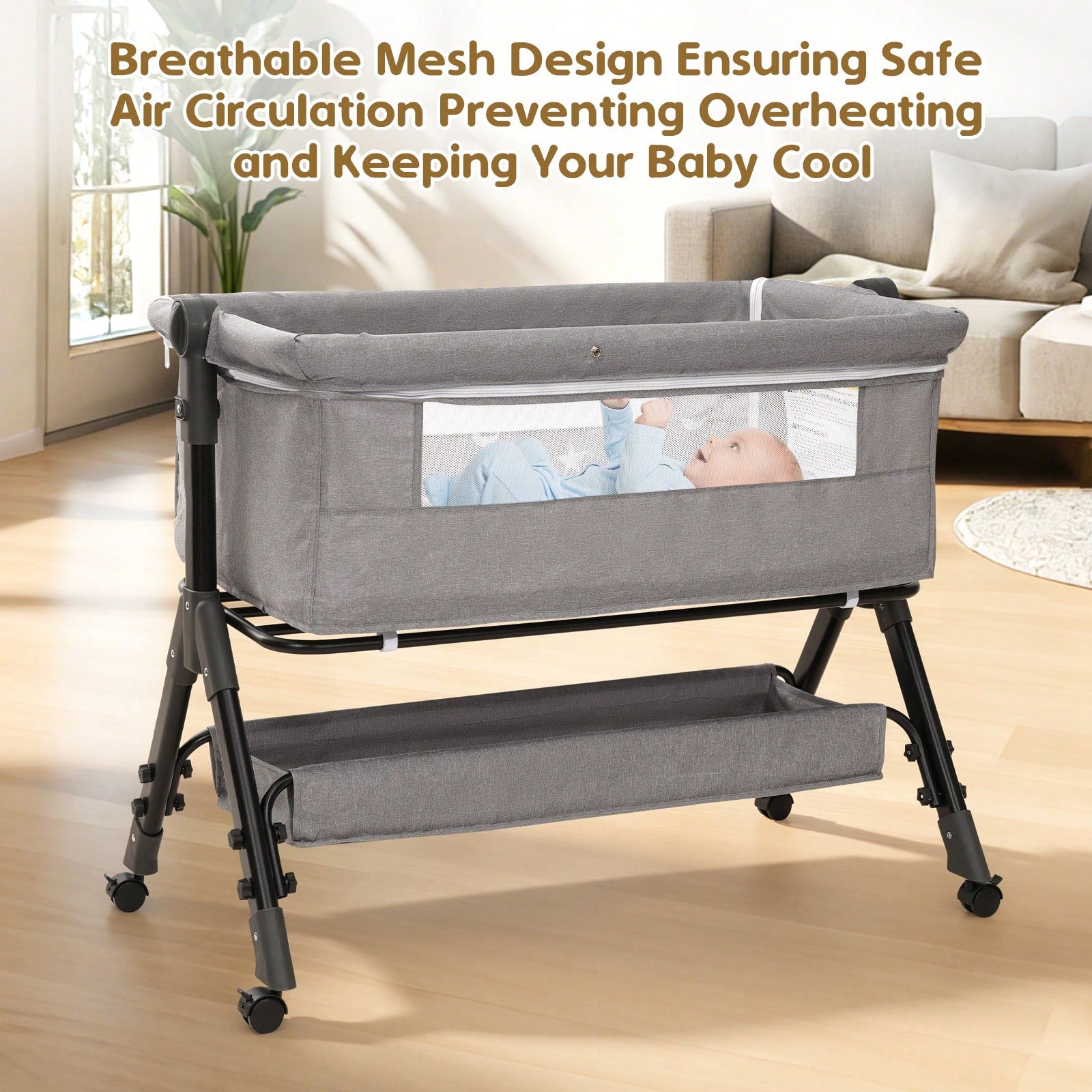 3-In-1 Baby Crib,Bedside Bassinet, Baby Bed With Storage Basket And Mosquito Net, Easy To Fold,6 Adjustable Height For Infant/Baby/Newborn, Baby Need