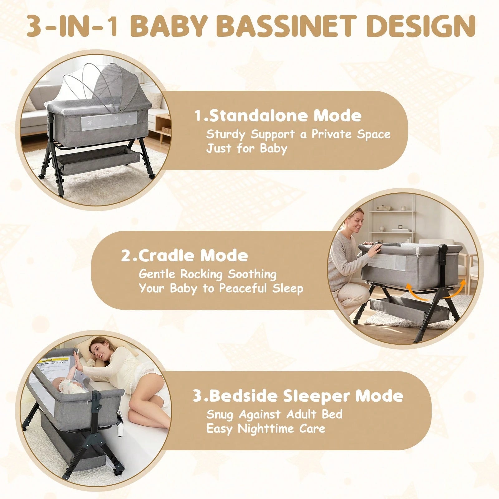 3-In-1 Baby Crib,Bedside Bassinet, Baby Bed With Storage Basket And Mosquito Net, Easy To Fold,6 Adjustable Height For Infant/Baby/Newborn, Baby Need