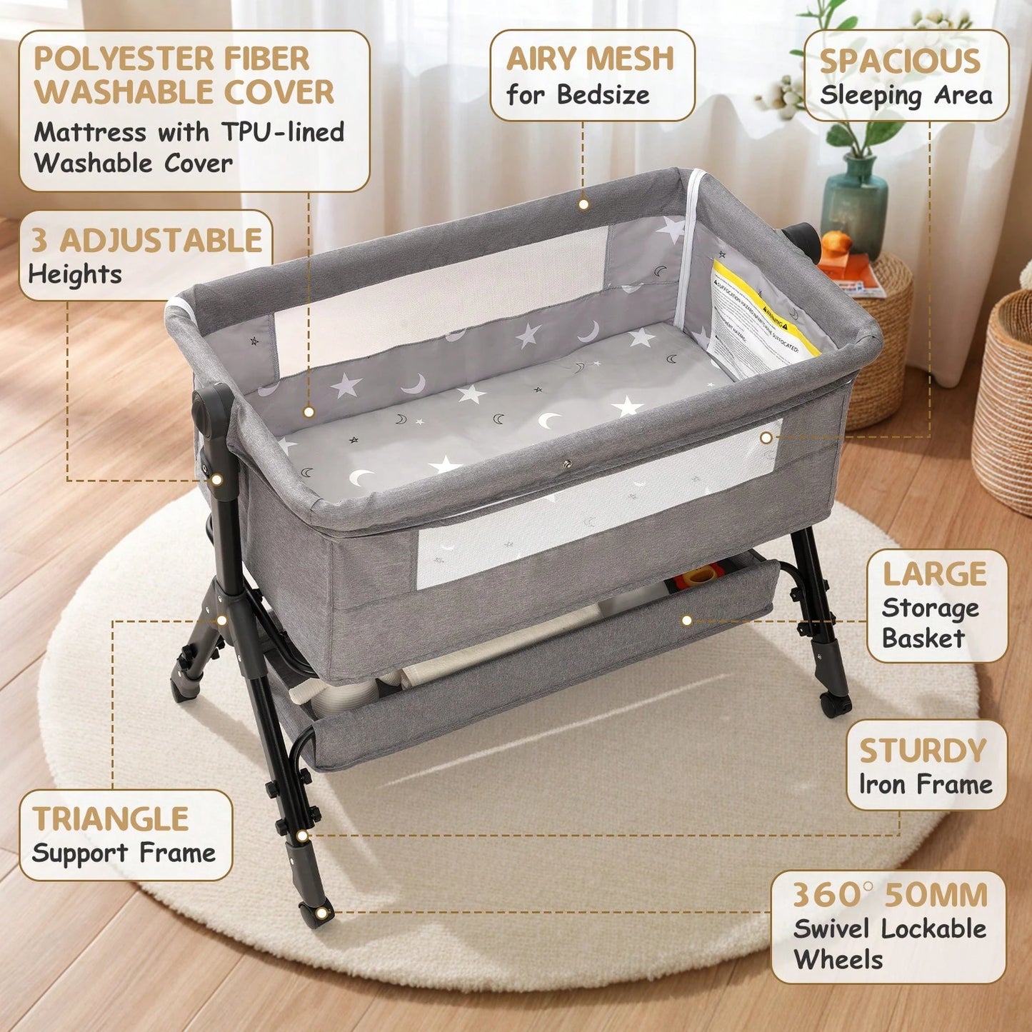 3-In-1 Baby Crib,Bedside Bassinet, Baby Bed With Storage Basket And Mosquito Net, Easy To Fold,6 Adjustable Height For Infant/Baby/Newborn, Baby Need
