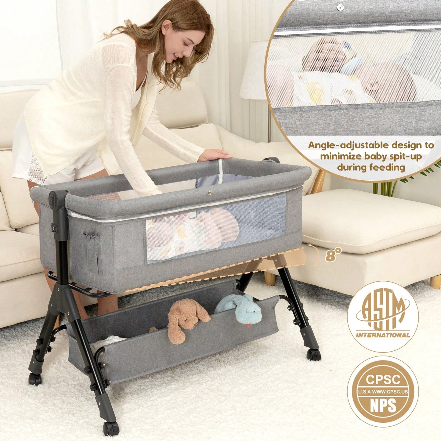 3-In-1 Baby Crib,Bedside Bassinet, Baby Bed With Storage Basket And Mosquito Net, Easy To Fold,6 Adjustable Height For Infant/Baby/Newborn, Baby Need