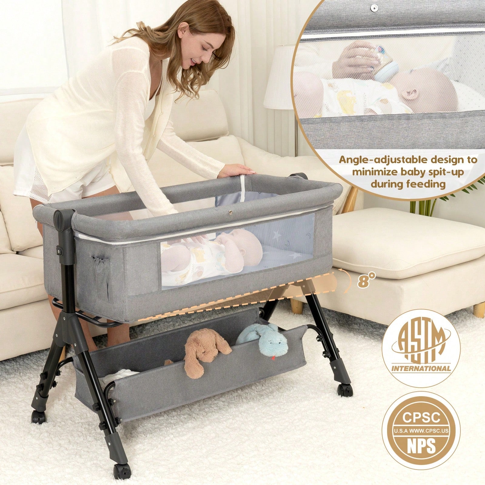 3-In-1 Baby Crib,Bedside Bassinet, Baby Bed With Storage Basket And Mosquito Net, Easy To Fold,6 Adjustable Height For Infant/Baby/Newborn, Baby Need
