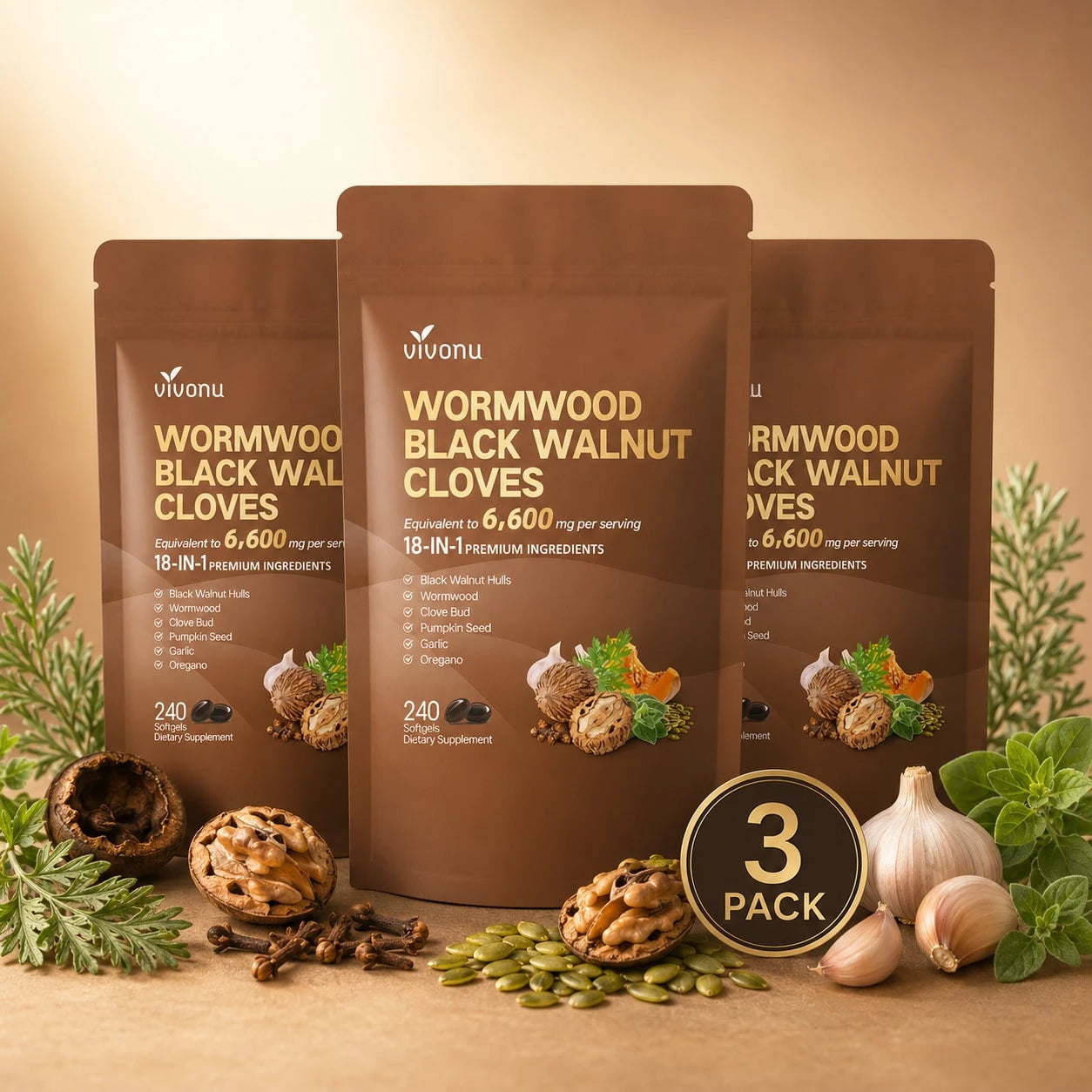 3-Pack Supply|Vivonu Wormwood Black Walnut Cloves, Professional-Grade 18-In-1 Blend, 6,600mg Equivalent, 240 Softgels/Bag, Comprehensive Gut Support