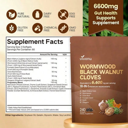 3-Pack Supply|Vivonu Wormwood Black Walnut Cloves, Professional-Grade 18-In-1 Blend, 6,600mg Equivalent, 240 Softgels/Bag, Comprehensive Gut Support