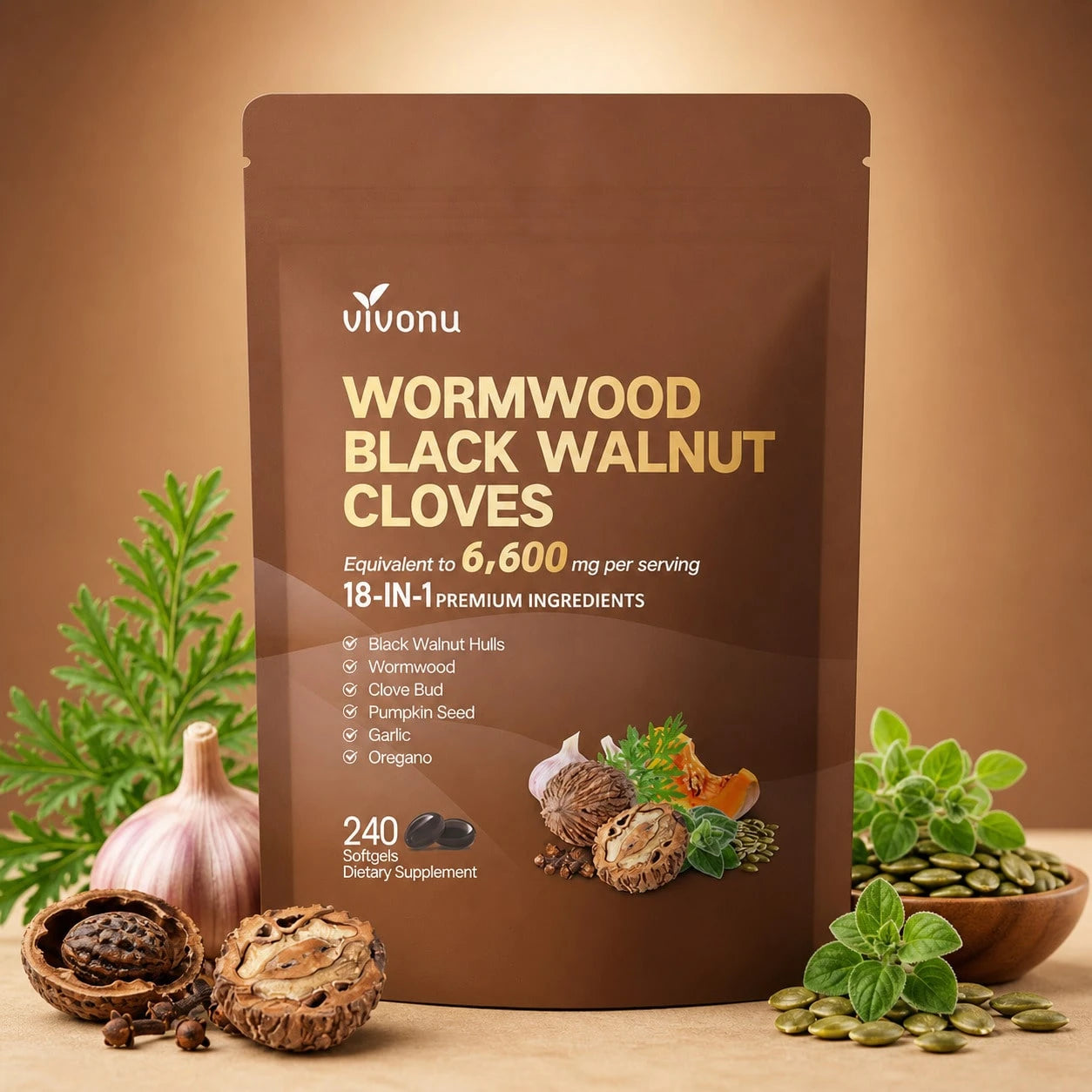 3-Pack Supply|Vivonu Wormwood Black Walnut Cloves, Professional-Grade 18-In-1 Blend, 6,600mg Equivalent, 240 Softgels/Bag, Comprehensive Gut Support