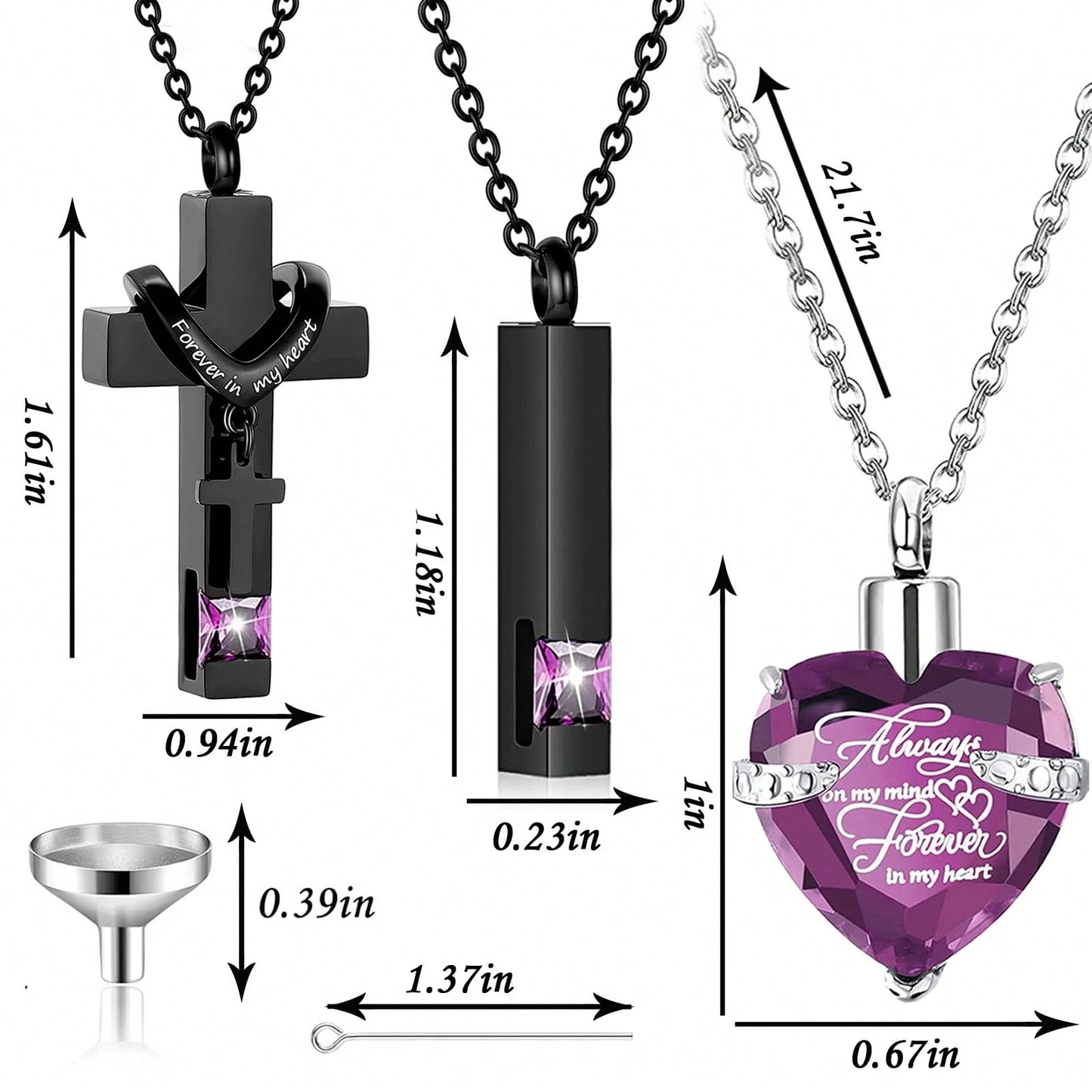 3 Pieces Cremation Urn Necklace For Ashes Vertical Bar Cross, Heart Crystal Necklace Urn Stainless Steel Waterproof Memorial Pendant Cremation Jewelry