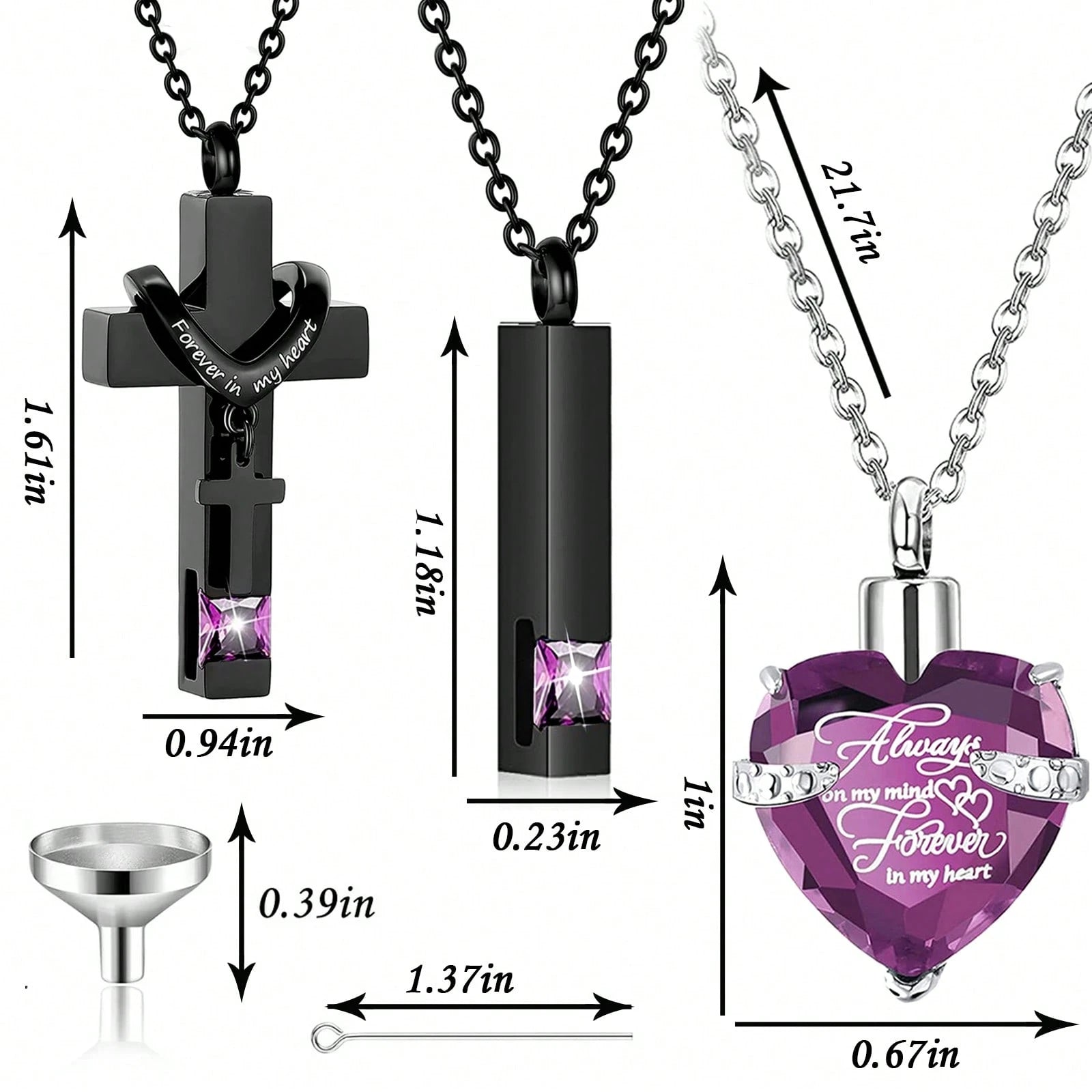 3 Pieces Cremation Urn Necklace For Ashes Vertical Bar Cross, Heart Crystal Necklace Urn Stainless Steel Waterproof Memorial Pendant Cremation Jewelry