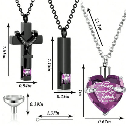 3 Pieces Cremation Urn Necklace For Ashes Vertical Bar Cross, Heart Crystal Necklace Urn Stainless Steel Waterproof Memorial Pendant Cremation Jewelry