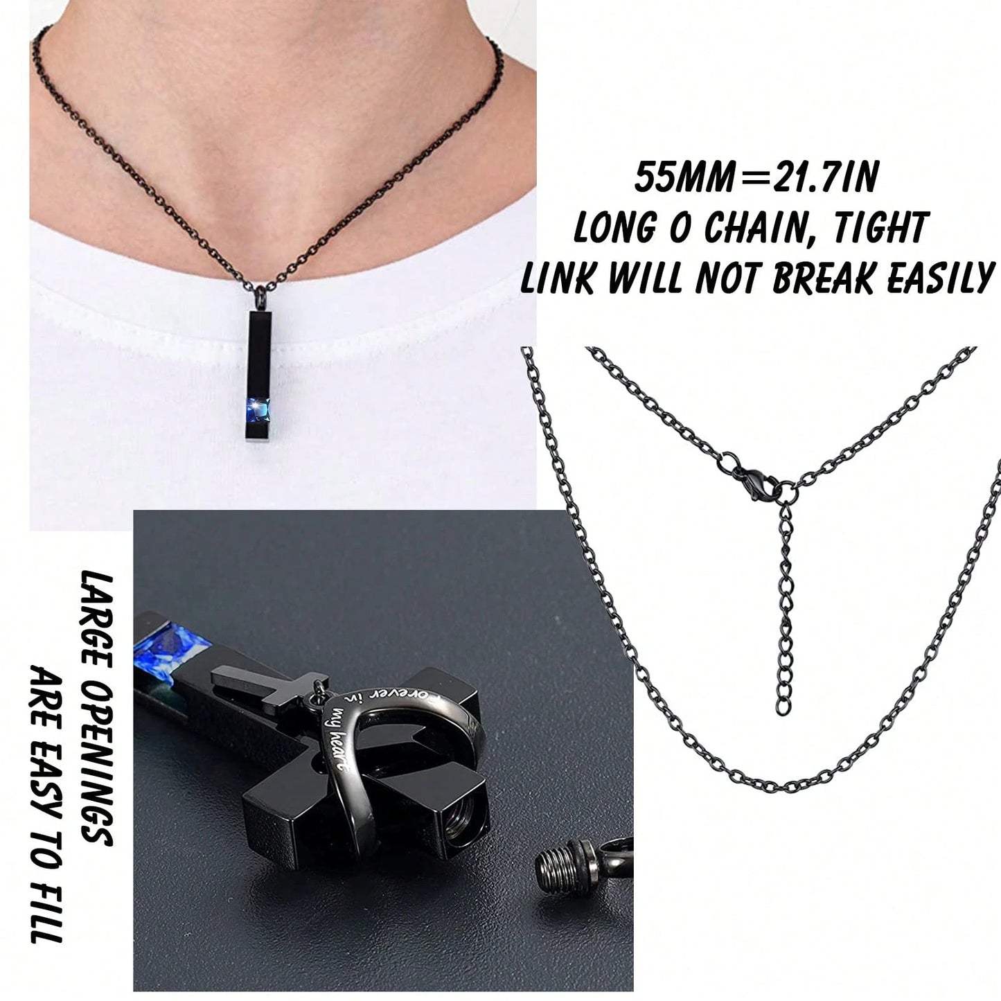 3 Pieces Cremation Urn Necklace For Ashes Vertical Bar Cross, Heart Crystal Necklace Urn Stainless Steel Waterproof Memorial Pendant Cremation Jewelry