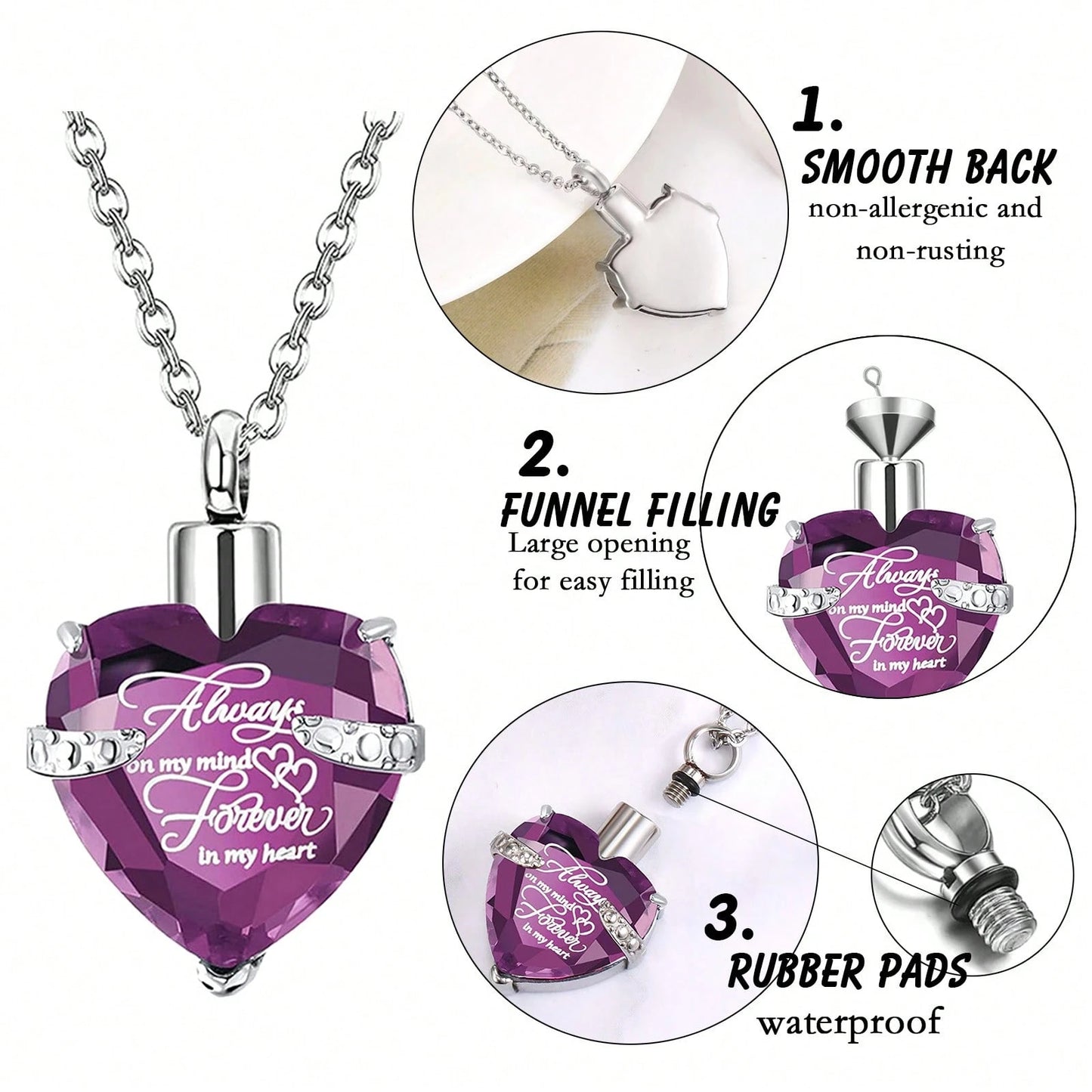 3 Pieces Cremation Urn Necklace For Ashes Vertical Bar Cross, Heart Crystal Necklace Urn Stainless Steel Waterproof Memorial Pendant Cremation Jewelry