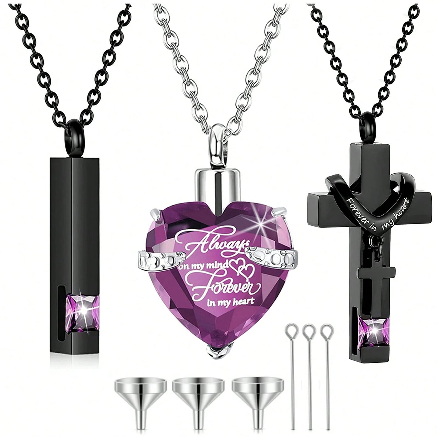 3 Pieces Cremation Urn Necklace For Ashes Vertical Bar Cross, Heart Crystal Necklace Urn Stainless Steel Waterproof Memorial Pendant Cremation Jewelry