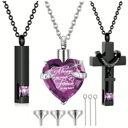 3 Pieces Cremation Urn Necklace For Ashes Vertical Bar Cross, Heart Crystal Necklace Urn Stainless Steel Waterproof Memorial Pendant Cremation Jewelry