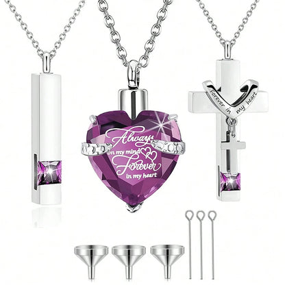 3 Pieces Cremation Urn Necklace For Ashes Vertical Bar Cross, Heart Crystal Necklace Urn Stainless Steel Waterproof Memorial Pendant Cremation Jewelry