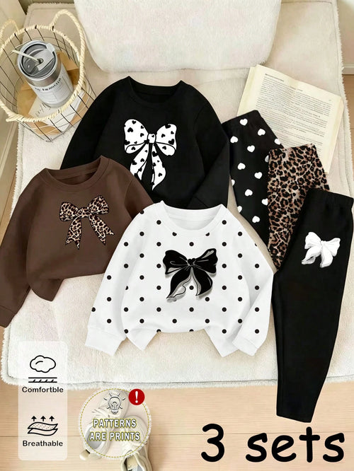 (3 Sets) Autumn/Winter Baby Girl Minimalist Cute Heart Bow Leopard Print Bow Polka Dot Pattern Basic Crew Neck Sweatshirt With Leggings