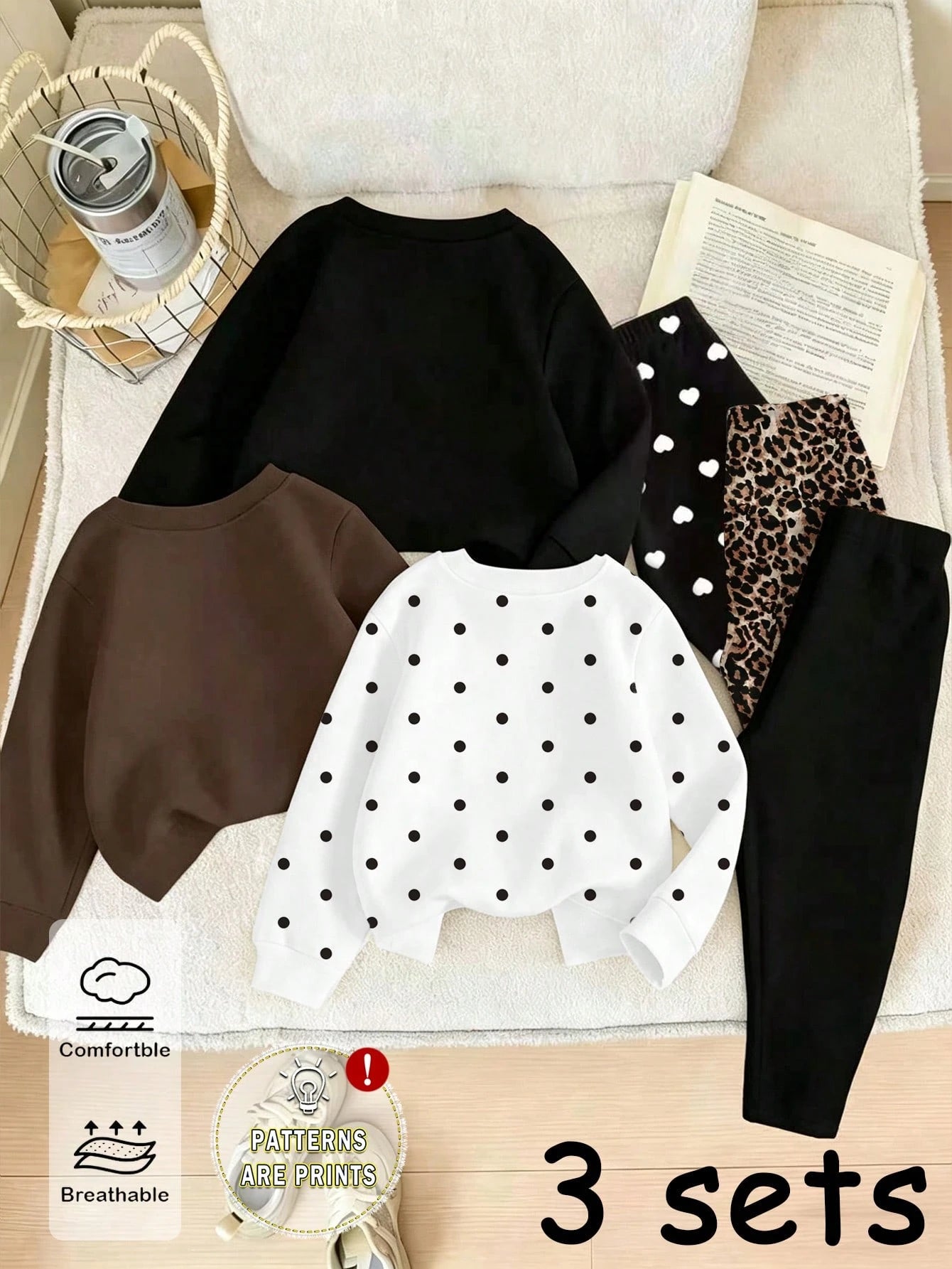 (3 Sets) Autumn/Winter Baby Girl Minimalist Cute Heart Bow Leopard Print Bow Polka Dot Pattern Basic Crew Neck Sweatshirt With Leggings