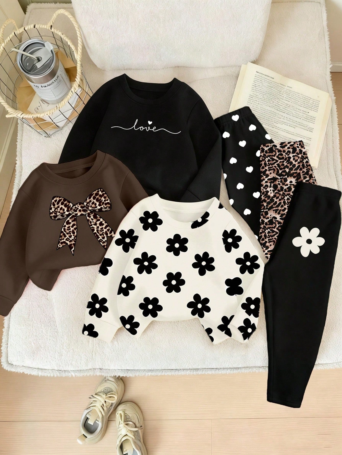 (3 Sets) Autumn/Winter Baby Girl Minimalist Cute Heart Bow Leopard Print Bow Polka Dot Pattern Basic Crew Neck Sweatshirt With Leggings