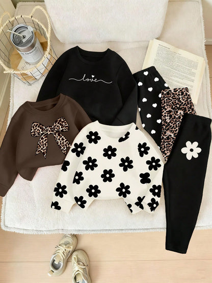 (3 Sets) Autumn/Winter Baby Girl Minimalist Cute Heart Bow Leopard Print Bow Polka Dot Pattern Basic Crew Neck Sweatshirt With Leggings