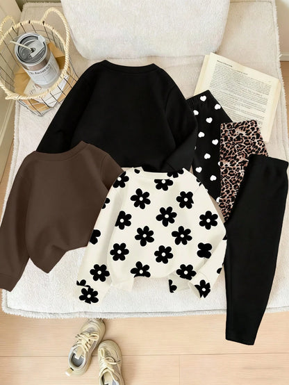 (3 Sets) Autumn/Winter Baby Girl Minimalist Cute Heart Bow Leopard Print Bow Polka Dot Pattern Basic Crew Neck Sweatshirt With Leggings