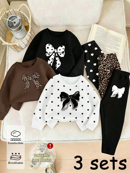 (3 Sets) Autumn/Winter Baby Girl Minimalist Cute Heart Bow Leopard Print Bow Polka Dot Pattern Basic Crew Neck Sweatshirt With Leggings
