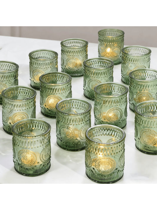 30 Pack 2x2.5 Inch Green Butterfly Flower Glass Votive Tea Light Candle Holders, Bulk Small Candle Cups, Table Decor For Wedding, Home, Thanksgiving, Christmas & Party Decorations