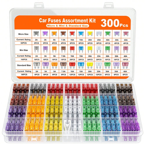 300Pcs Car Fuse Assortment Kit, 160 Mini Blade Fuses Automotive + 90 Standard Auto Fuses + 50 Micro Fuse + 60 Micro2 – For RV/Truck/Motorcycle(2A 3A 5A 7.5A 10A 15A 20A 25A 30A 35A 40A)