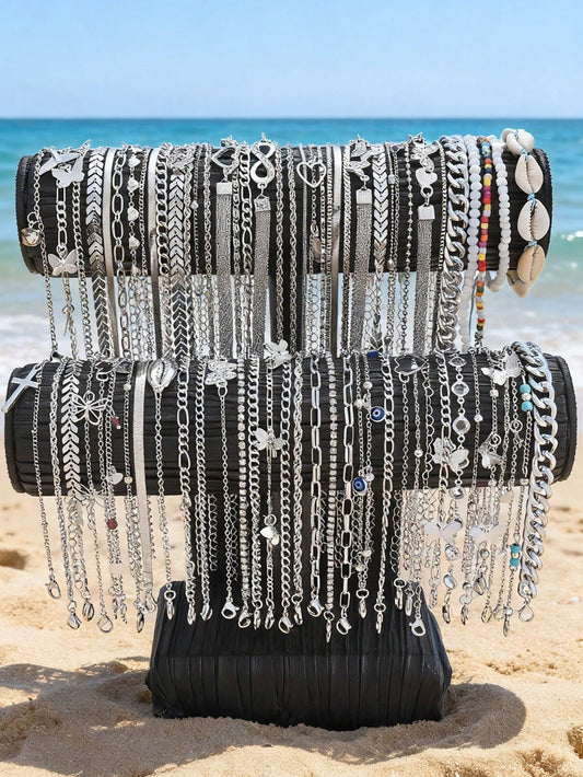 34/19/15/4pcs Fashion Elegant Retro Bohemian Style Faux Pearl Heart Cross Butterfly Infinity Symbol Fish Tail Imitation Shell Star Anklet Set, Suitable For Women, Beach Party, Date, Vacation, Daily Ma