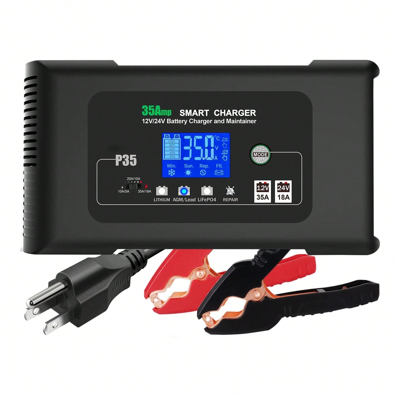 35 Amp Lithium Battery Charger,12V35A/24V18A,14.6V/29.2V Smart Lifepo4 Battery Charger Car Battery Charger Trickle Charger Maintainer/Deep Cycle Charger With Alligator Clip
