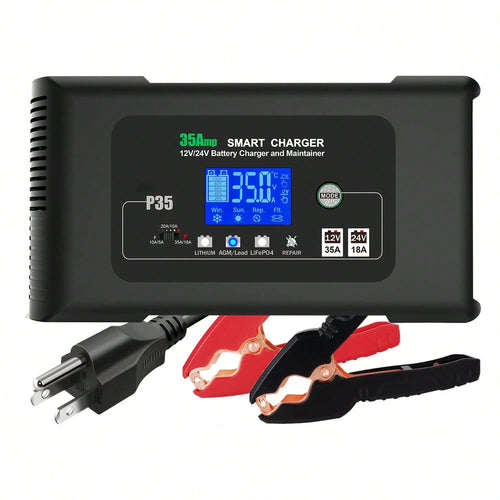 35 Amp Lithium Battery Charger,12V35A/24V18A,14.6V/29.2V Smart Lifepo4 Battery Charger Car Battery Charger Trickle Charger Maintainer/Deep Cycle Charger With Alligator Clip
